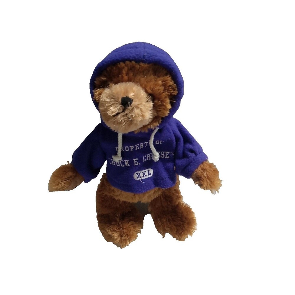 Chuck E.Cheese Brown Bear Plush w/Purple Drawstring Hoodie 14"